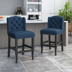 Vandalisa - Set of 2 - 27" Navy Blue & Dark Brown Fabric Tufted Wingback Counter Stools