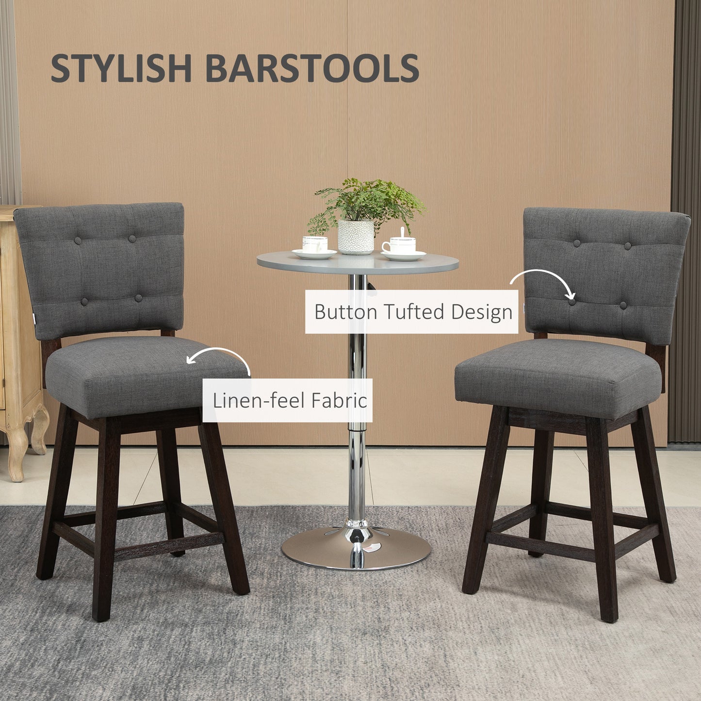 Havenridge  - Set of 2 - 27" Grey Tufted Swivel Bar Stools with Rubber Wood Legs and Footrest