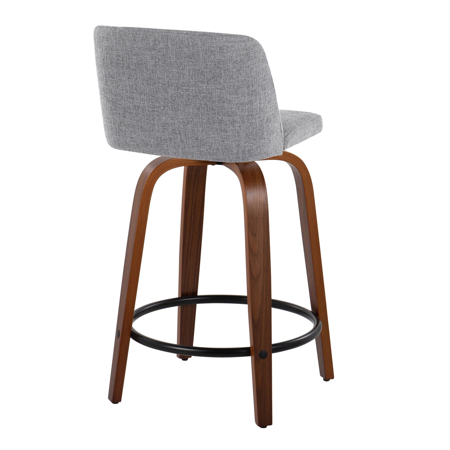 Timara - Set of 2 - 24'' Mid-Century Modern Counter Stools with Swivel, Walnut Wood Frame, Grey Fabric Upholstery, and Black Metal Footrest