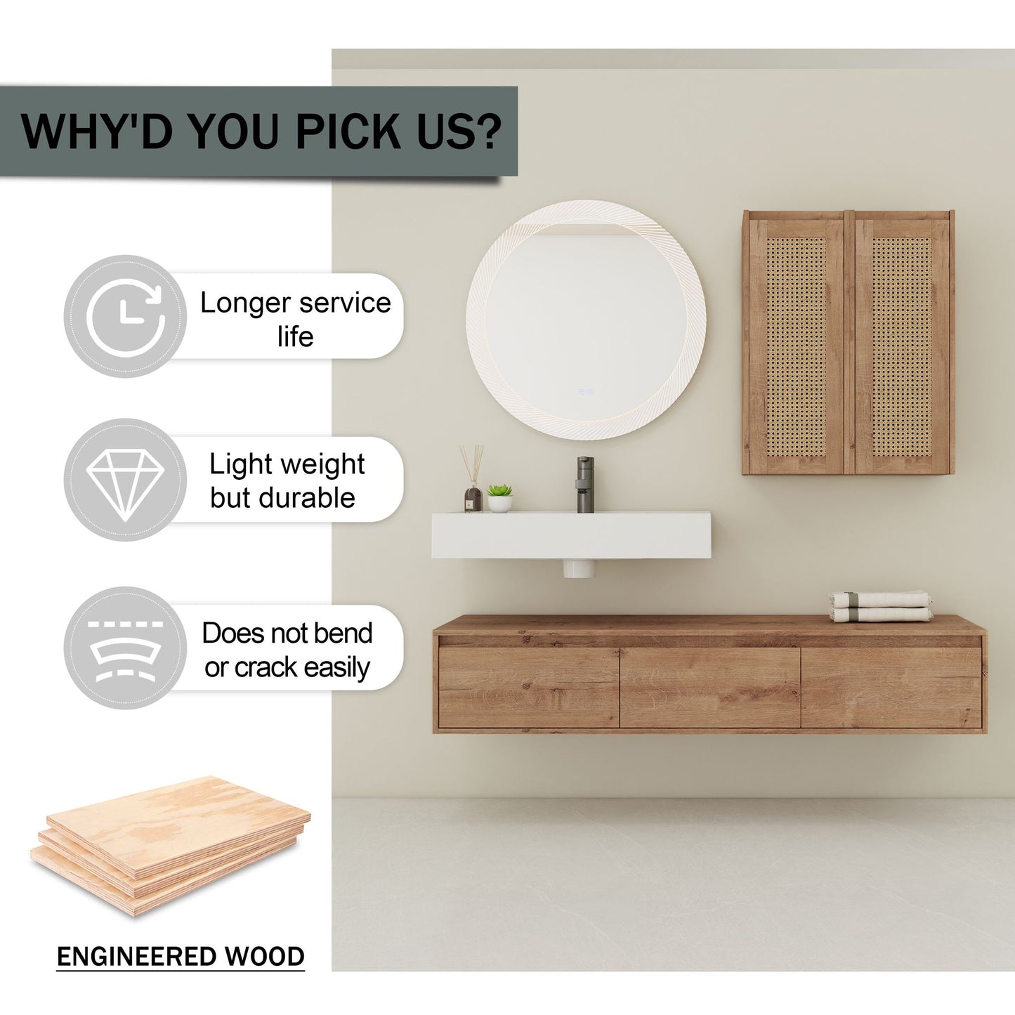 Modern Wall Mounted Bathroom Vanity With Resin Sink And 2 Side Cabinet, Construction - Imitative Oak