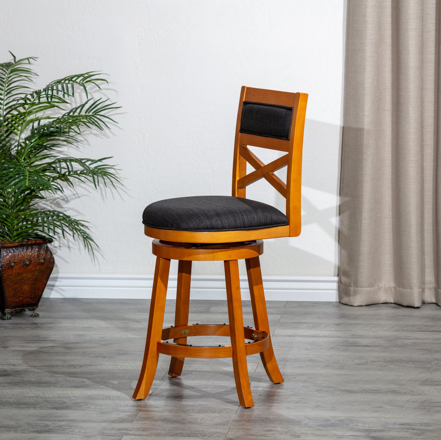 Miral - Set of 2 - 24" Counter Height Swivel Stools with Charcoal Fabric Seat, Natural Wood Finish, and X-Back Design