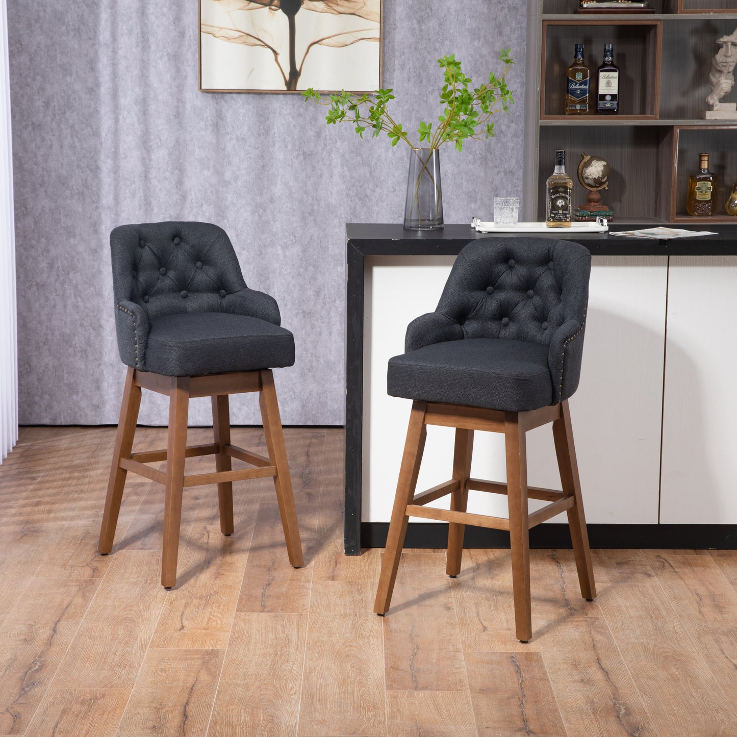 Vianna- Set of 2 - 30" Black Linen Counter Height Bar Stools with Button-Tufted Design, 360° Swivel, and Solid Wood Legs