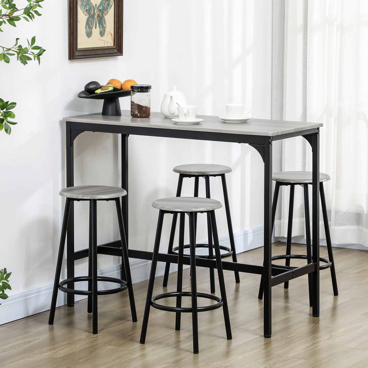 Hampton - Set of 5 - 24" Rustic Counter Height Bar Table with 4 Bar Stools, Industrial Gray MDF Top for Kitchen & Pub Dining Room