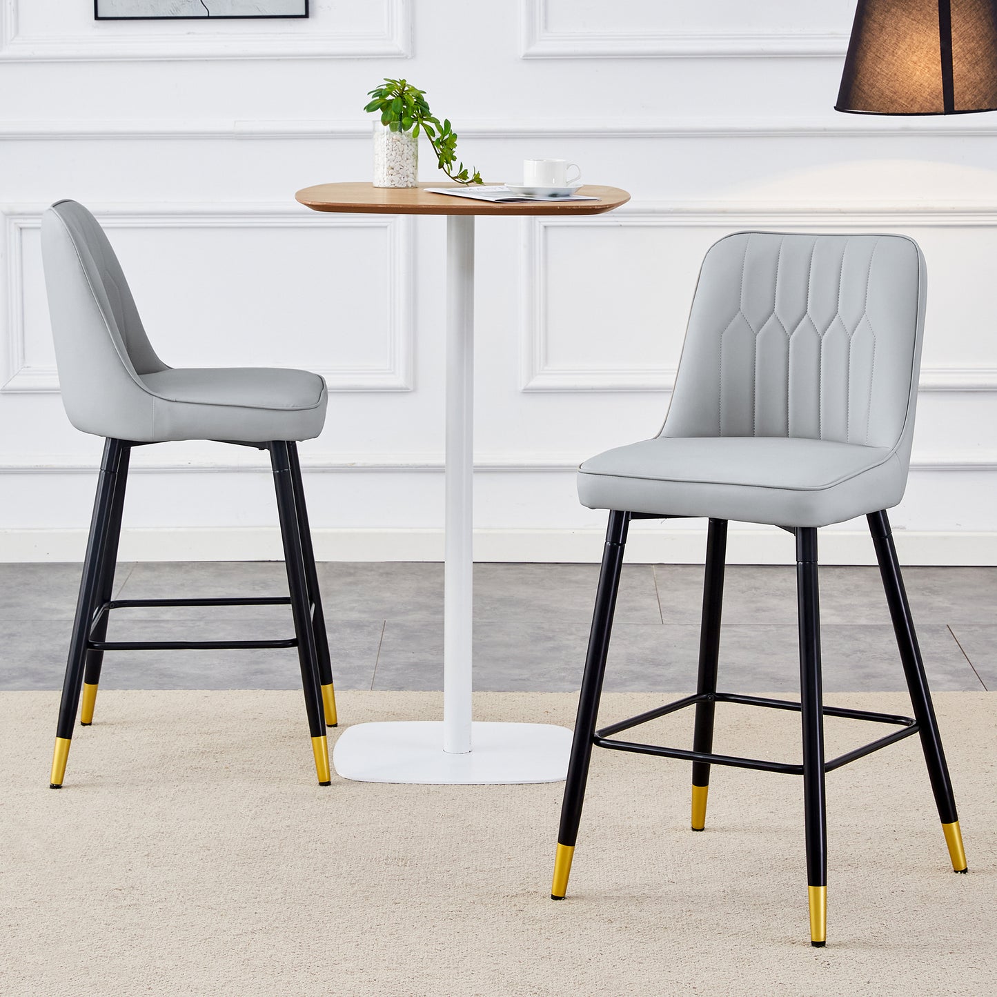 Hamilton - Set of 2 - 29" Light Gray PU Bar Stools with Gold-Decorated Black Metal Legs and Footrest