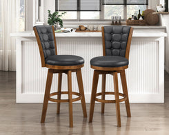 Zenithel - Set of 2 - 30” Chestnut Finish Swivel Bar Chairs with Button-Tufted Black Upholstered Seats