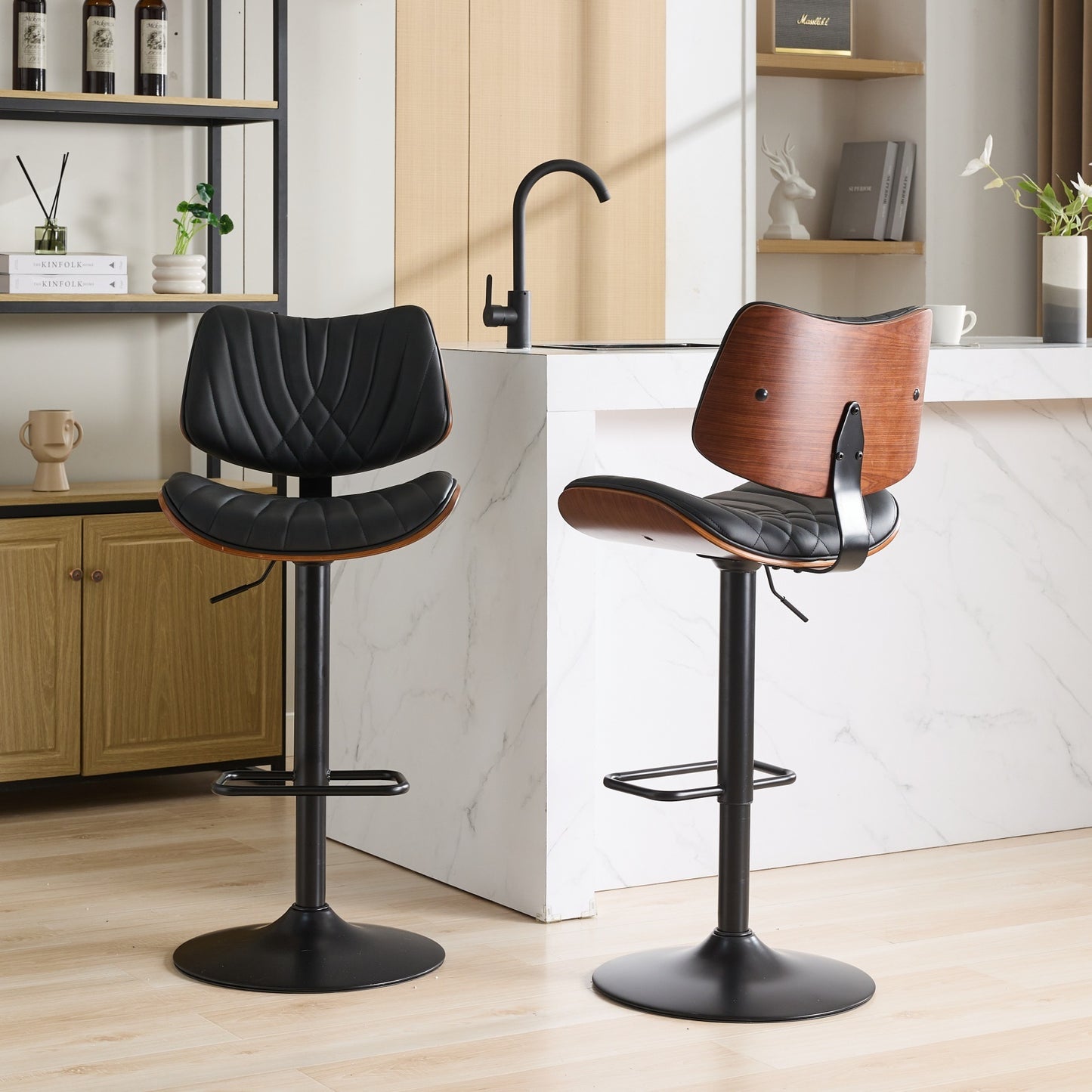 Alessa - Set of 2 - 26" Adjustable Walnut Bentwood & Black Leather 360° Swivel Bar Stools