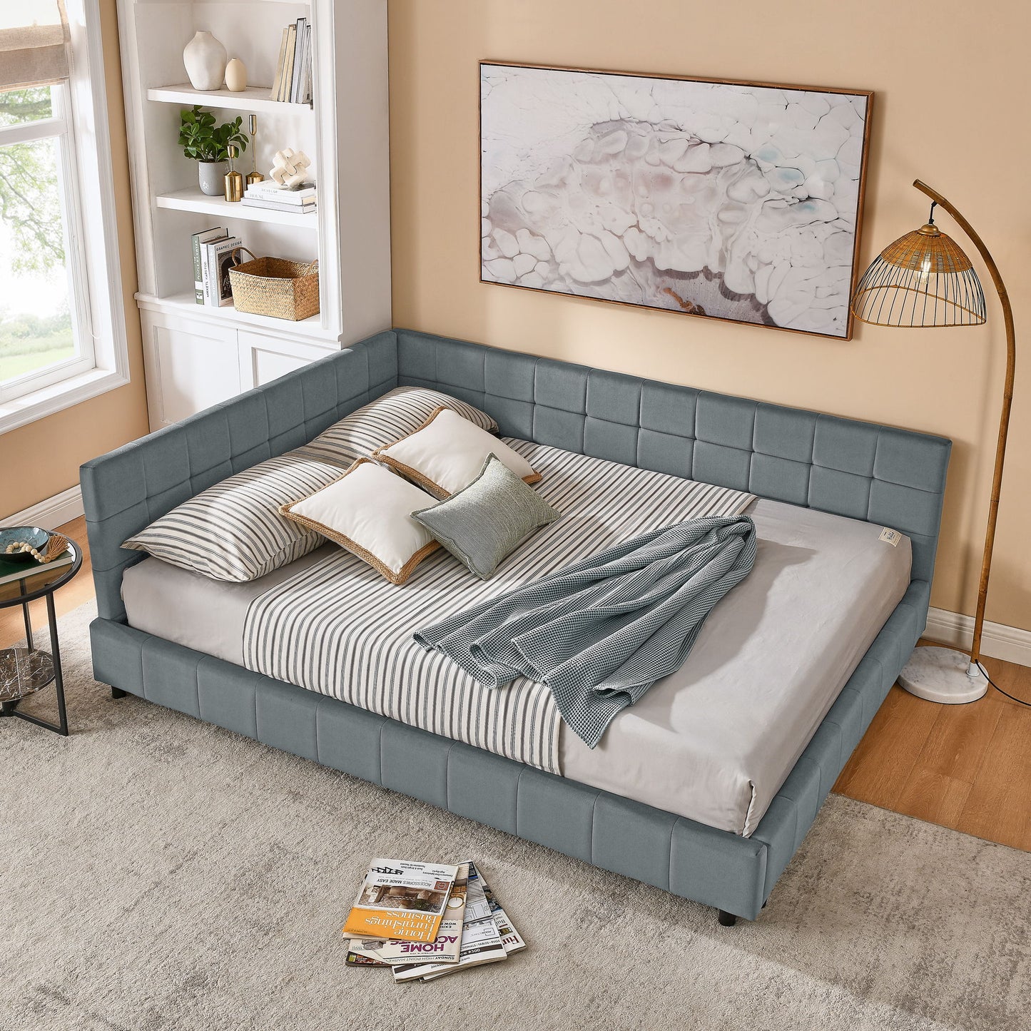 Elegant Storage Upholstered Tufted Bed Frame With Backrest And Armrests
