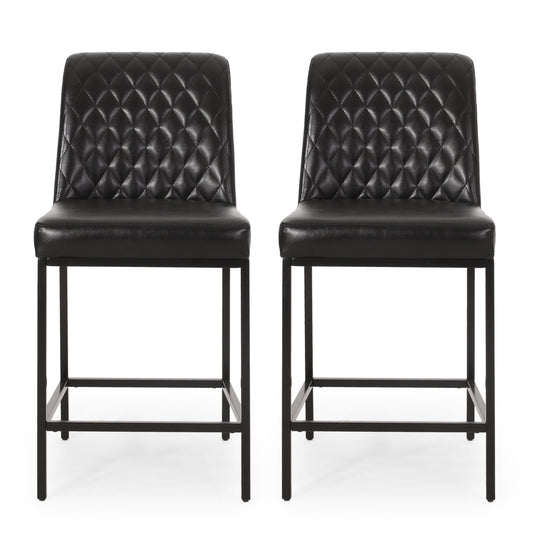 Hezekiah - Set of 2 - 24” Black Velvet Counter Stools with Diamond Tufted Backrest and Iron Frame