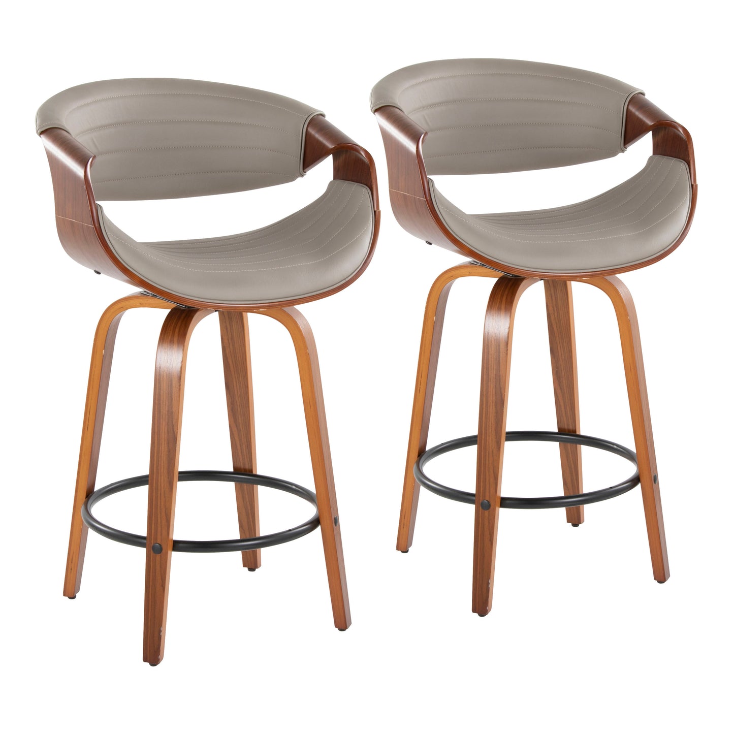 Lyrion - Set of 2 - 24" Walnut & Grey Faux Leather Mid-Century Modern Counter Stools with 360° Swivel