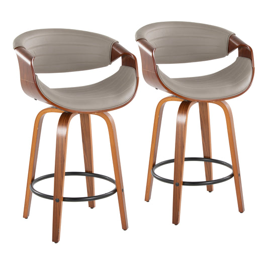 Lyrion - Set of 2 - 24" Walnut & Grey Faux Leather Mid-Century Modern Counter Stools with 360° Swivel