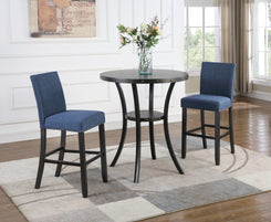 Oxarion - Set of 2 - 24" Round Espresso Finish Bar Table with 2 Blue Fabric Pub Chairs, Nail Head Trim, 44" Height, Perfect for Dining & Entertaining