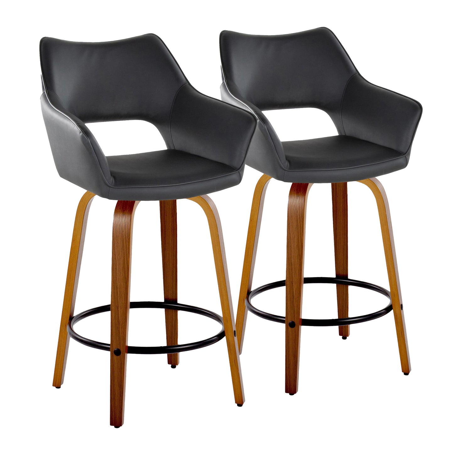 Mustang - Set of 2 - 26" Contemporary Swivel Counter Stools in Walnut Wood and Black Faux Leather with Round Metal Footrest