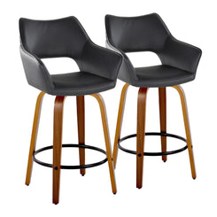 Mustang - Set of 2 - 26" Contemporary Swivel Counter Stools in Walnut Wood and Black Faux Leather with Round Metal Footrest