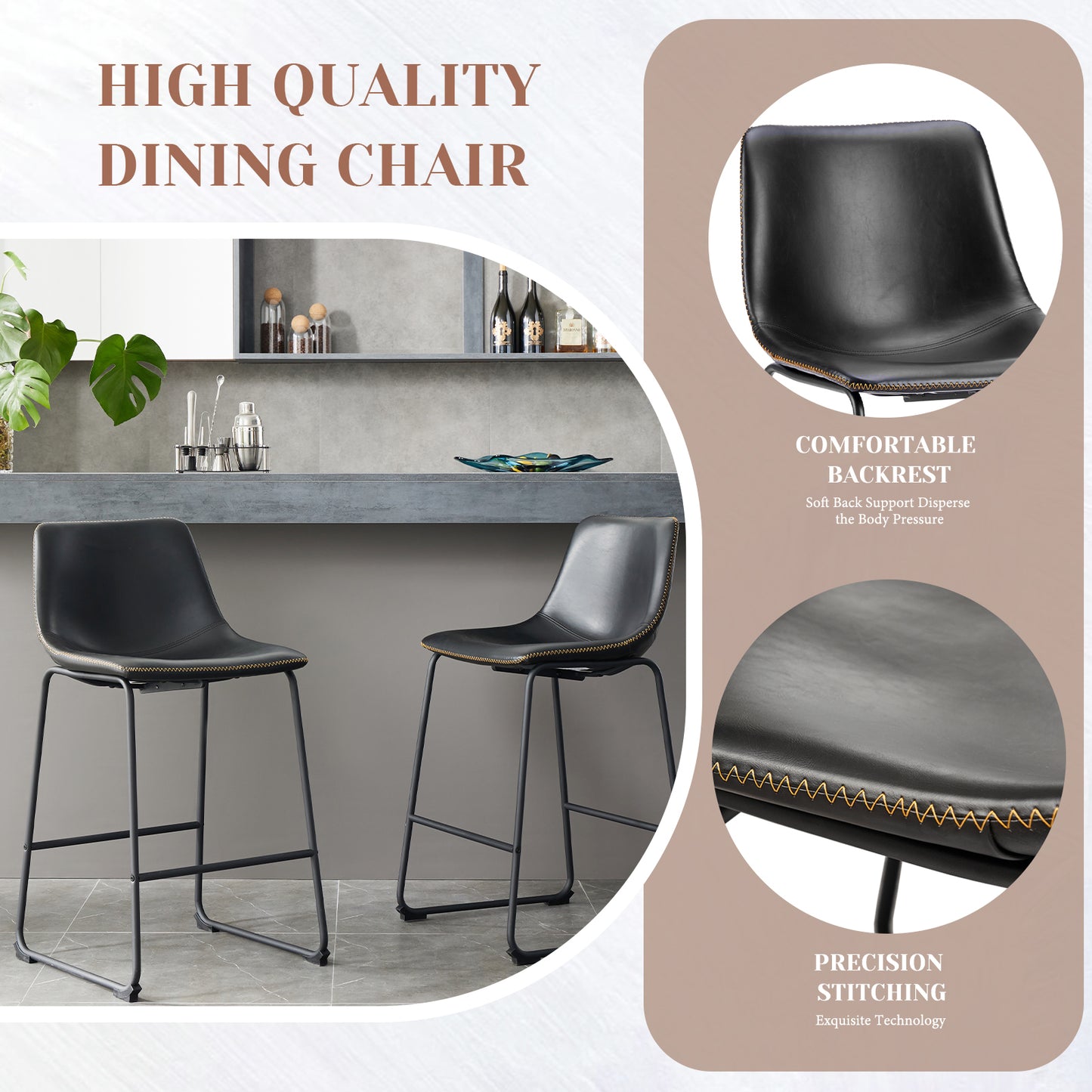 Hanelle - Set of 2 - 25" Black Leather Counter Height Bar Stools with Back and Metal Legs - Modern Dining Chairs for Kitchen Island or Pub