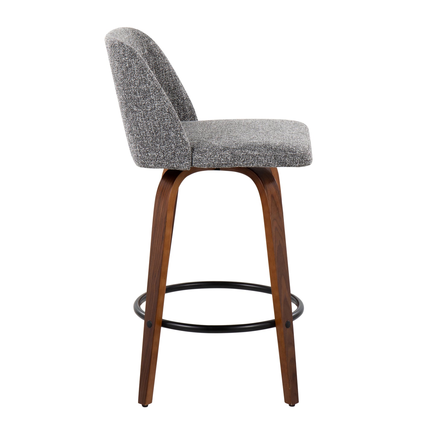 Telrinas - Set of 2 - 20" Mid-Century Modern Fixed-Height Counter Stools with Walnut Wood Frame, Grey Fabric, and Round Black Footrest