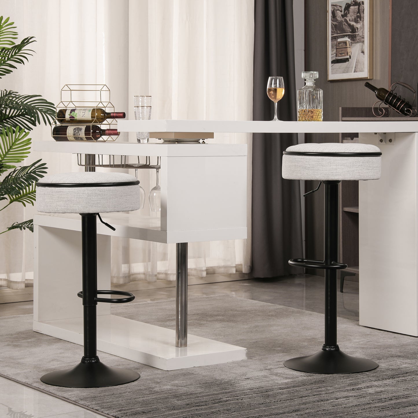 Glint - Set of 2 - 28" Off White Adjustable Swivel Bar Stools with Hidden Storage and Metal Frame