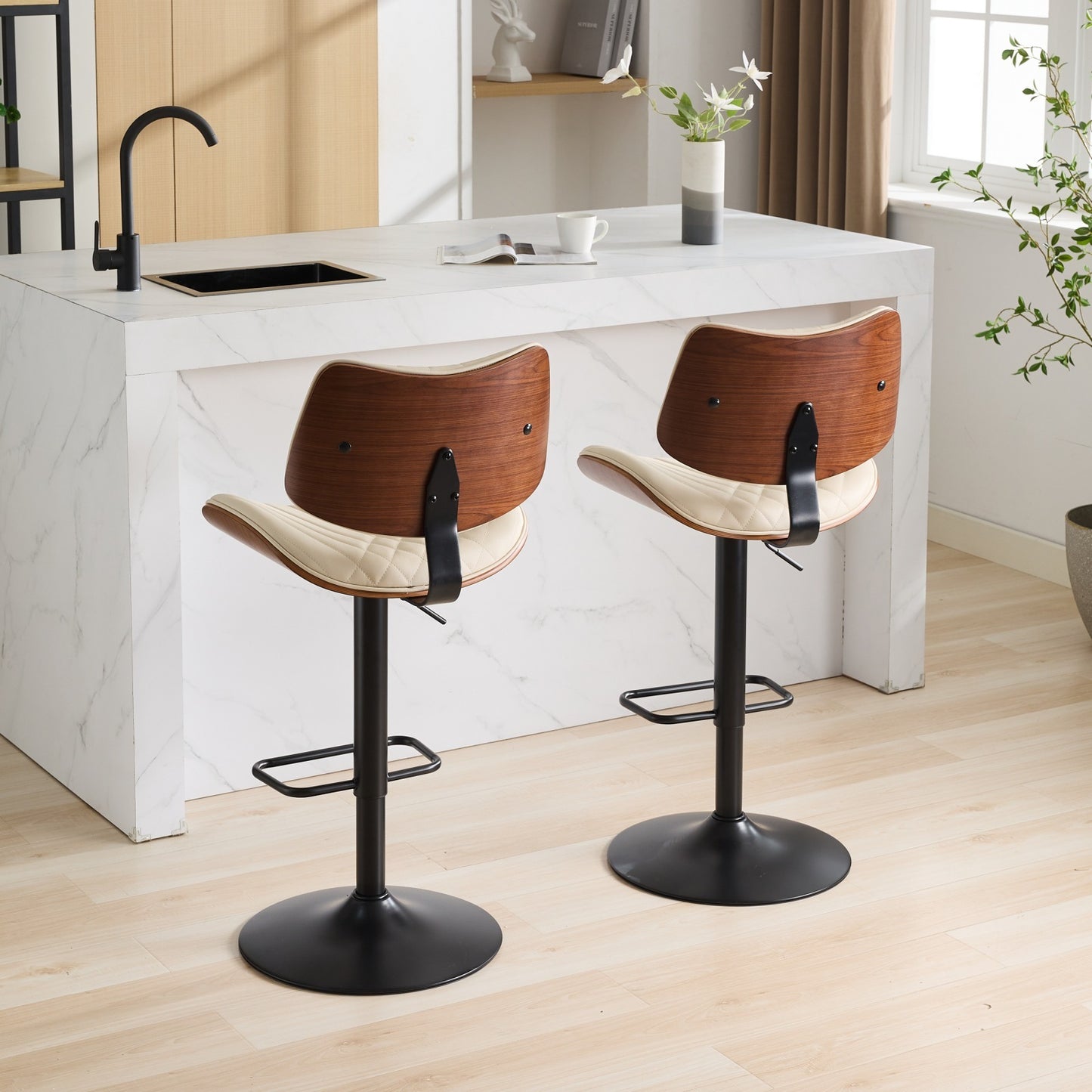 Stafan - Set of 2 - 24" Walnut Bentwood Bar Stools, Mid-Century Modern Adjustable Counter Height, Black Faux Leather Upholstered, 360° Swivel for Kitchen Island/Dining Room, Beige