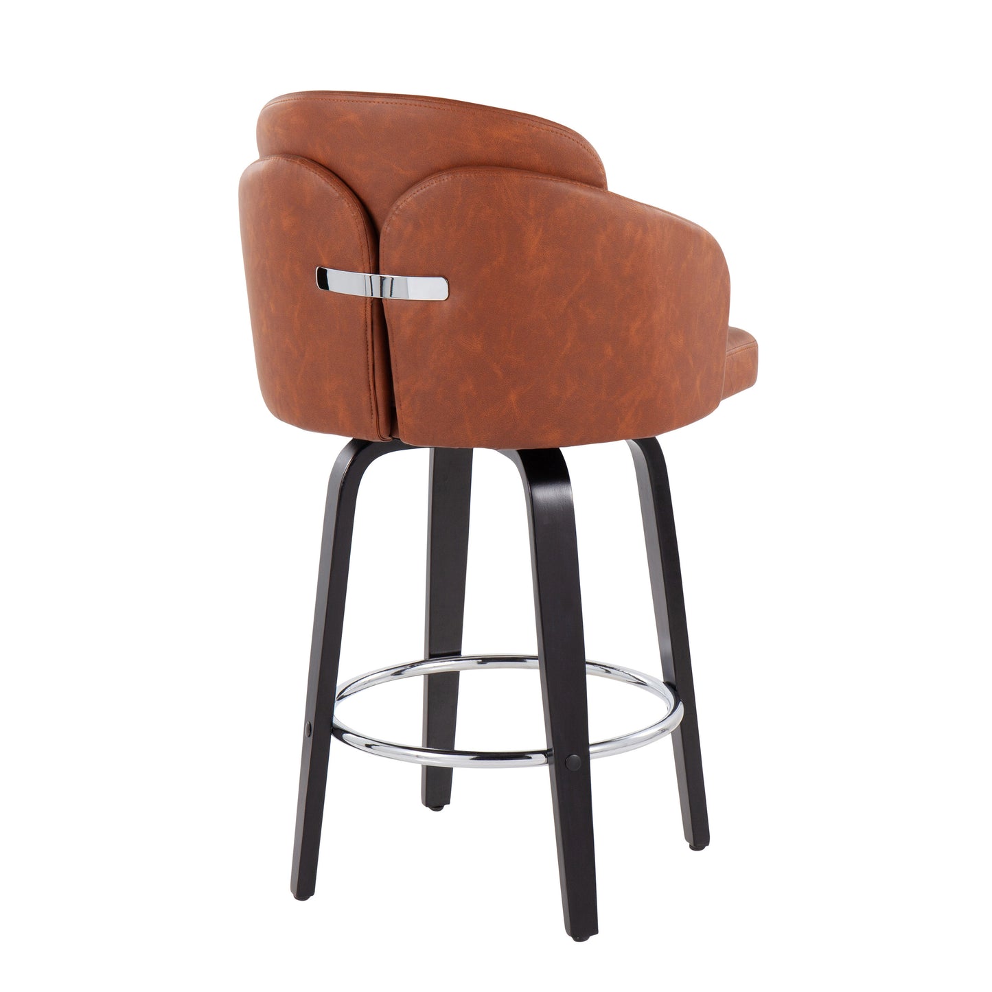 Darius - Set of 2 - 24" Black Wood Counter Stools with Camel Faux Leather Upholstery and Round Chrome Footrest