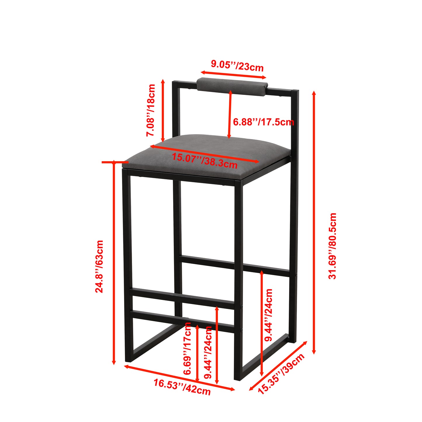 Sumner - Set of 2 - 16.54" Modern Counter Height Bar Stools with Armless Design, Gray PU Upholstered Seats & Black Metal Legs