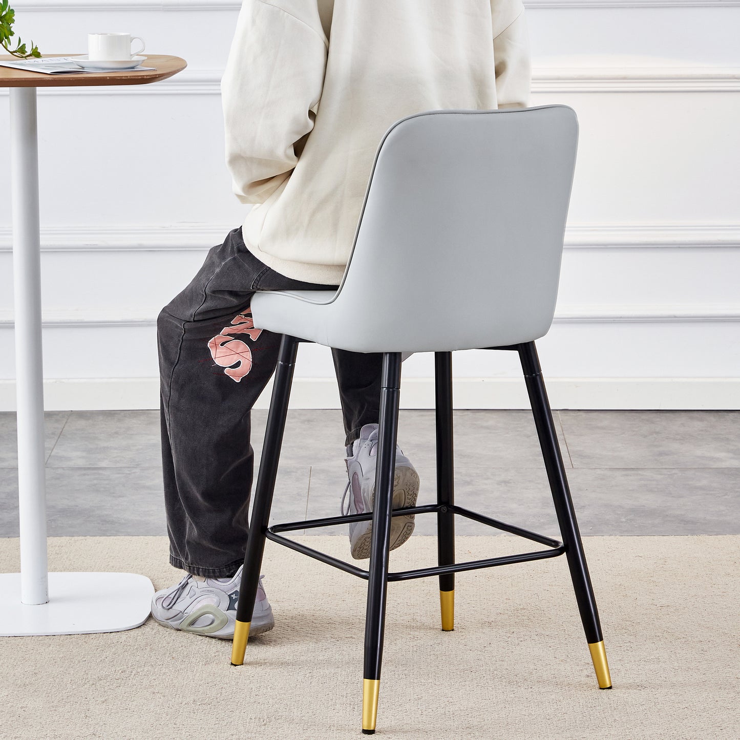 Hamilton - Set of 2 - 29" Light Gray PU Bar Stools with Gold-Decorated Black Metal Legs and Footrest