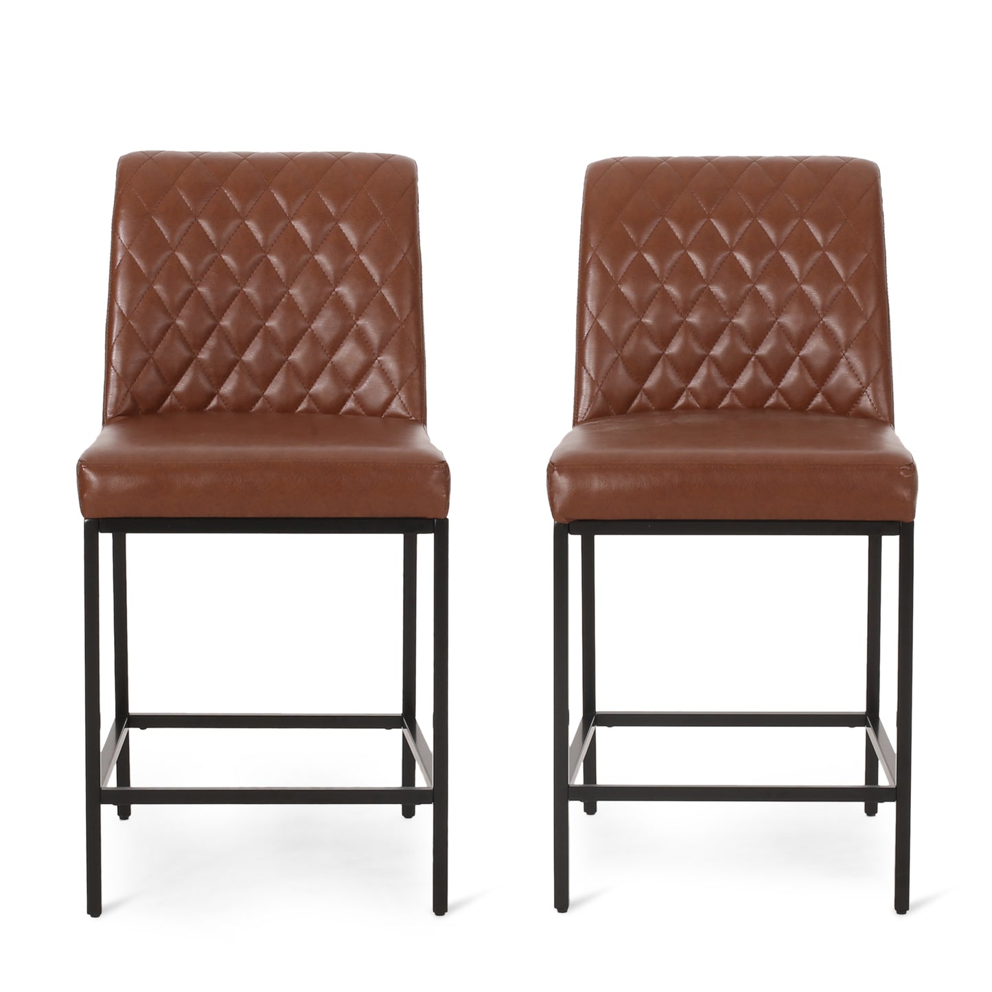 Salvatore - Set of 2 - 26" Light Brown PU Counter Stools with Diamond Tufted Upholstery and Iron Frame