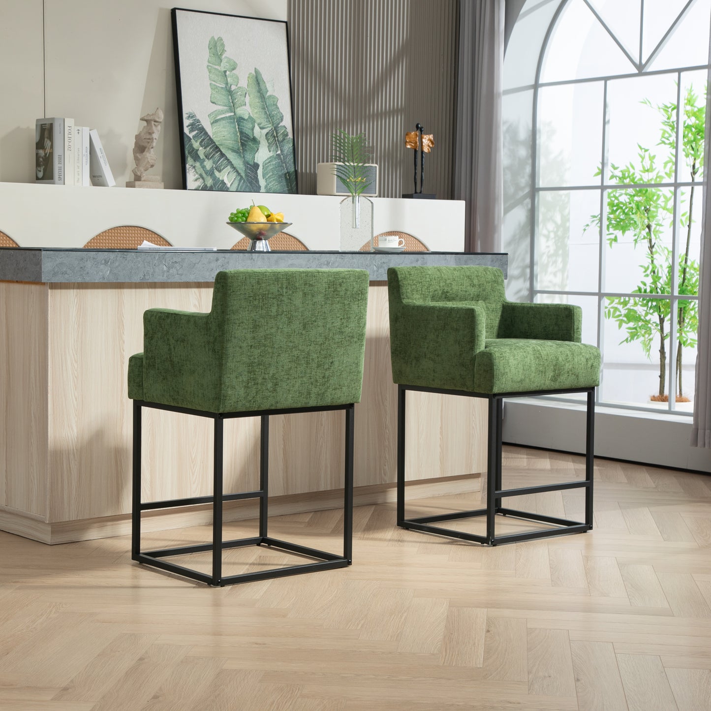 Neveo - Set of 2 - 26" Green Upholstered Chenille Counter Height Bar Stools with Black Metal Frame - Modern Square Design for Kitchen Island or Pub