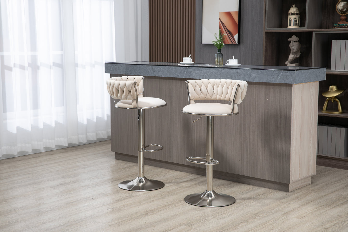 Mynroe - Set of 2 - Ivory Swivel Adjustable Counter Height Bar Stools with Footrest