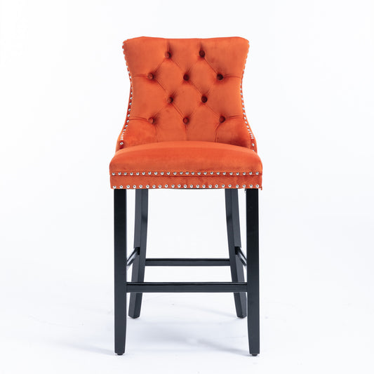 Sorrento - Set of 2 - 24.4" Orange Velvet Upholstered Barstools with Button Tufted Back, Wooden Legs & Chrome Nailhead Trim