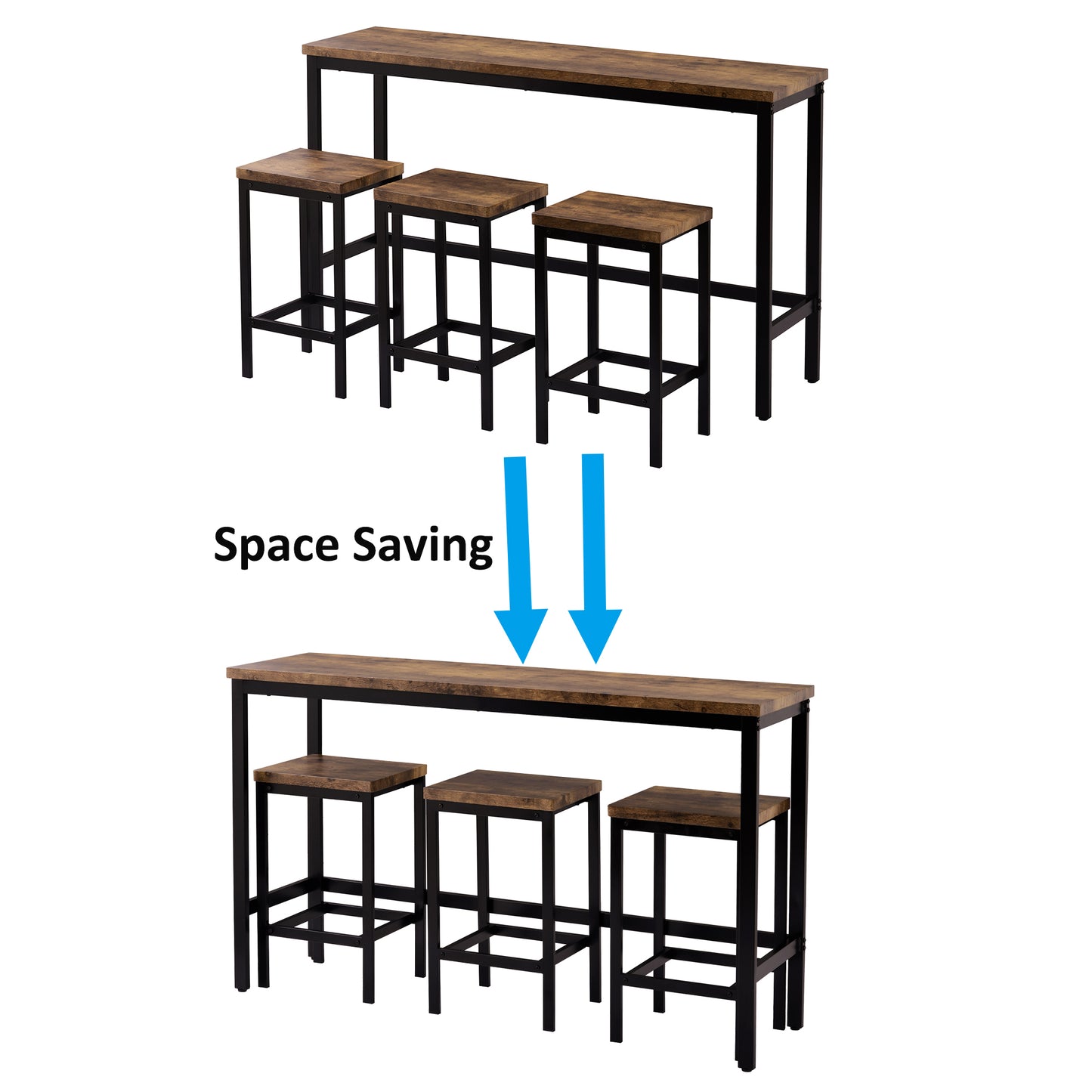Thalor - Set of 2 - 24" Counter Height Stools with Extra Long 60.2" Brown Table and Footrest, Space-Saving Design
