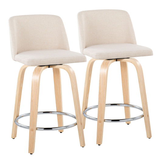 Trensilor Set of 2 - 24" Fixed-Height Contemporary Counter Stools with Swivel in Natural Wood & Cream Upholstery, Chrome Footrest