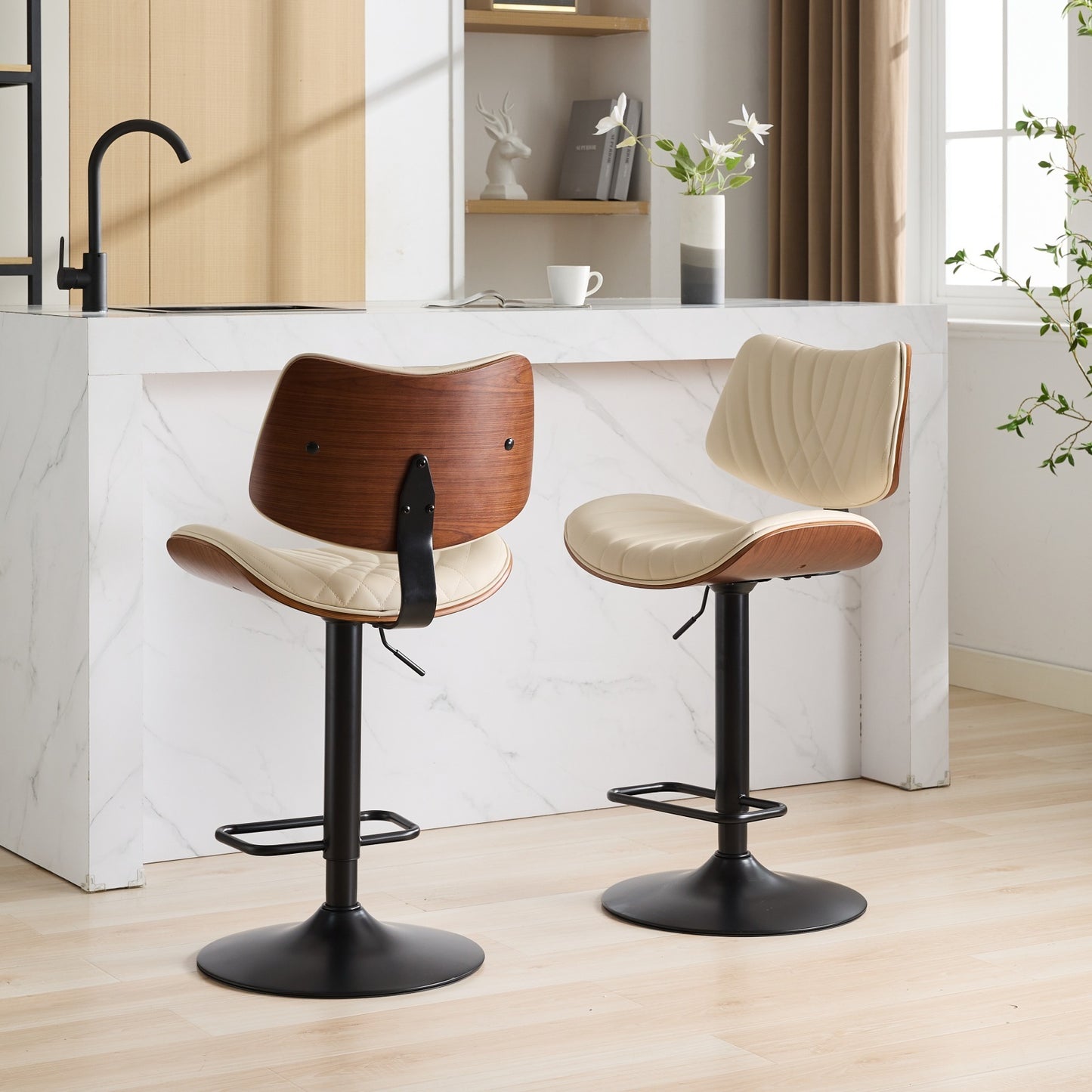 Stafan - Set of 2 - 24" Walnut Bentwood Bar Stools, Mid-Century Modern Adjustable Counter Height, Black Faux Leather Upholstered, 360° Swivel for Kitchen Island/Dining Room, Beige