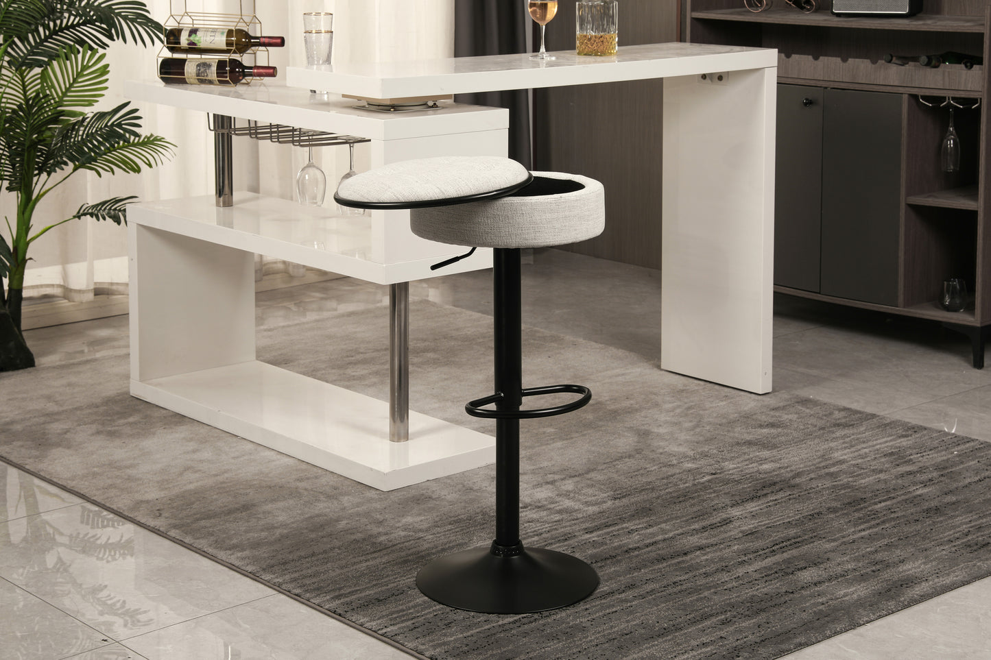 Glint - Set of 2 - 28" Off White Adjustable Swivel Bar Stools with Hidden Storage and Metal Frame