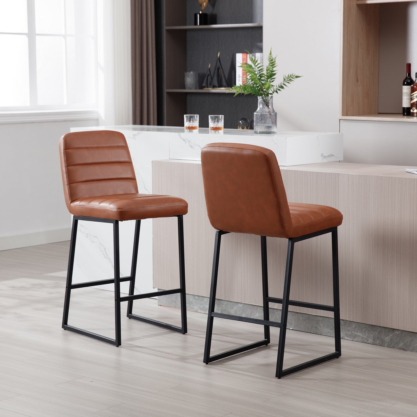 Hartfield - Set of 2 - 27" Brown PU Leather Bar Stools with Footrest - Modern Kitchen & Breakfast Bar Stools, Comfortable Low Back Design