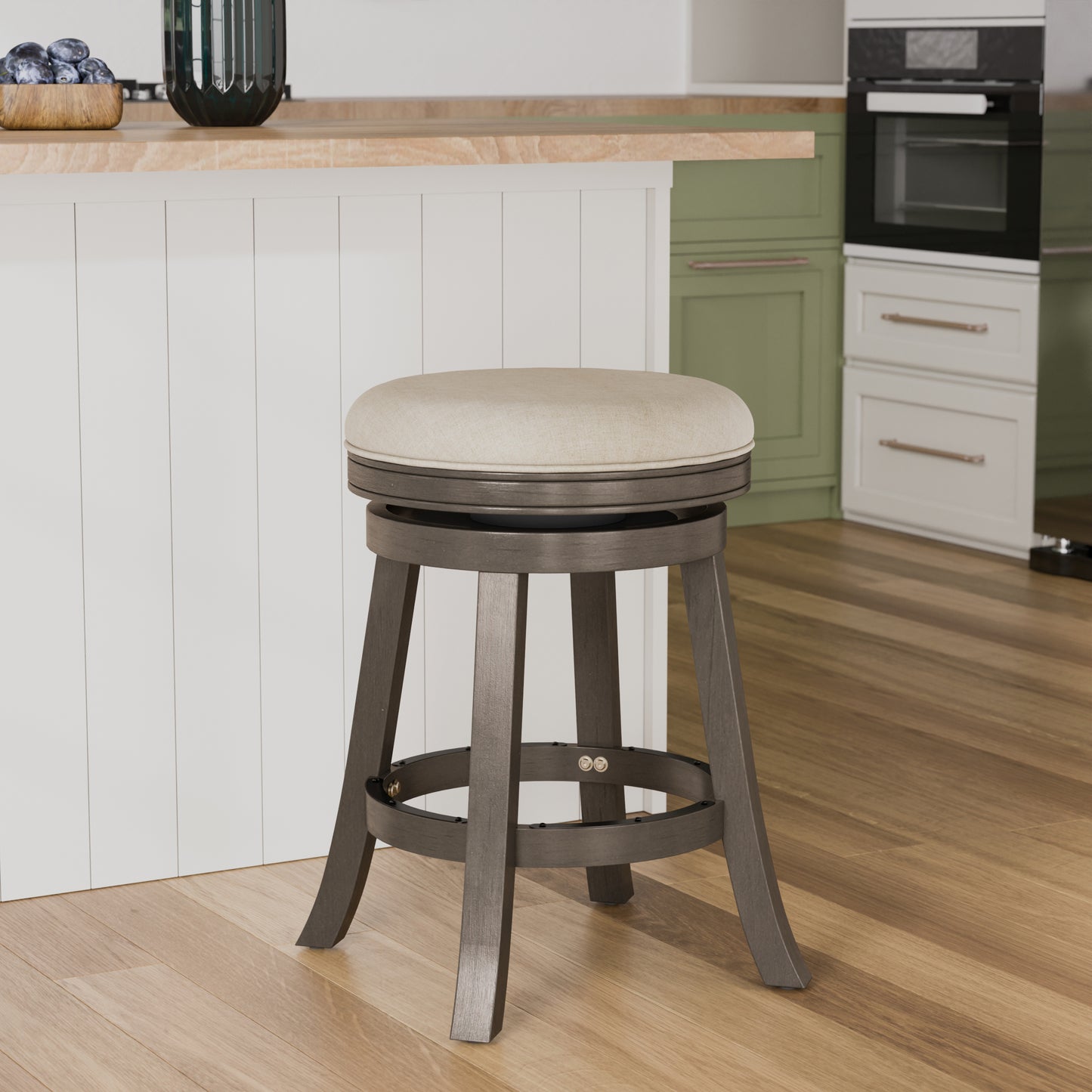 Cirvelle - Set of 2 - 24" Weathered Gray Counter Stools with Charcoal Fabric Seat, Backless Swivel