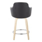 Corvus - Set of 2 - 24" Contemporary Swivel Counter Stools in Black Faux Leather with Natural Wood Base and Chrome Footrest