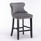 Vallith - Set of 2 - 26" Gray Velvet Wing-Back Barstools with Button Tufted Decoration, Wooden Legs, and Chrome Nailhead Trim