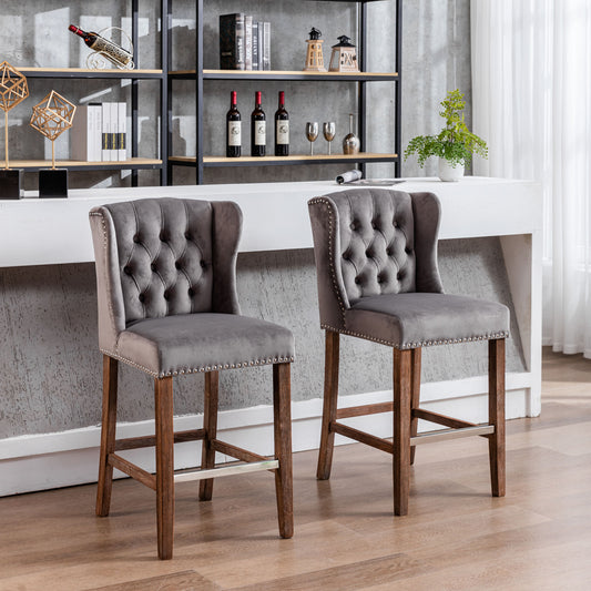 Elowyn - Set of 2 -  27" Grey Velvet Counter Height Bar Stools, Seat Height, Tufted Wingback Breakfast Chairs with Nailhead Trim and Wood Legs