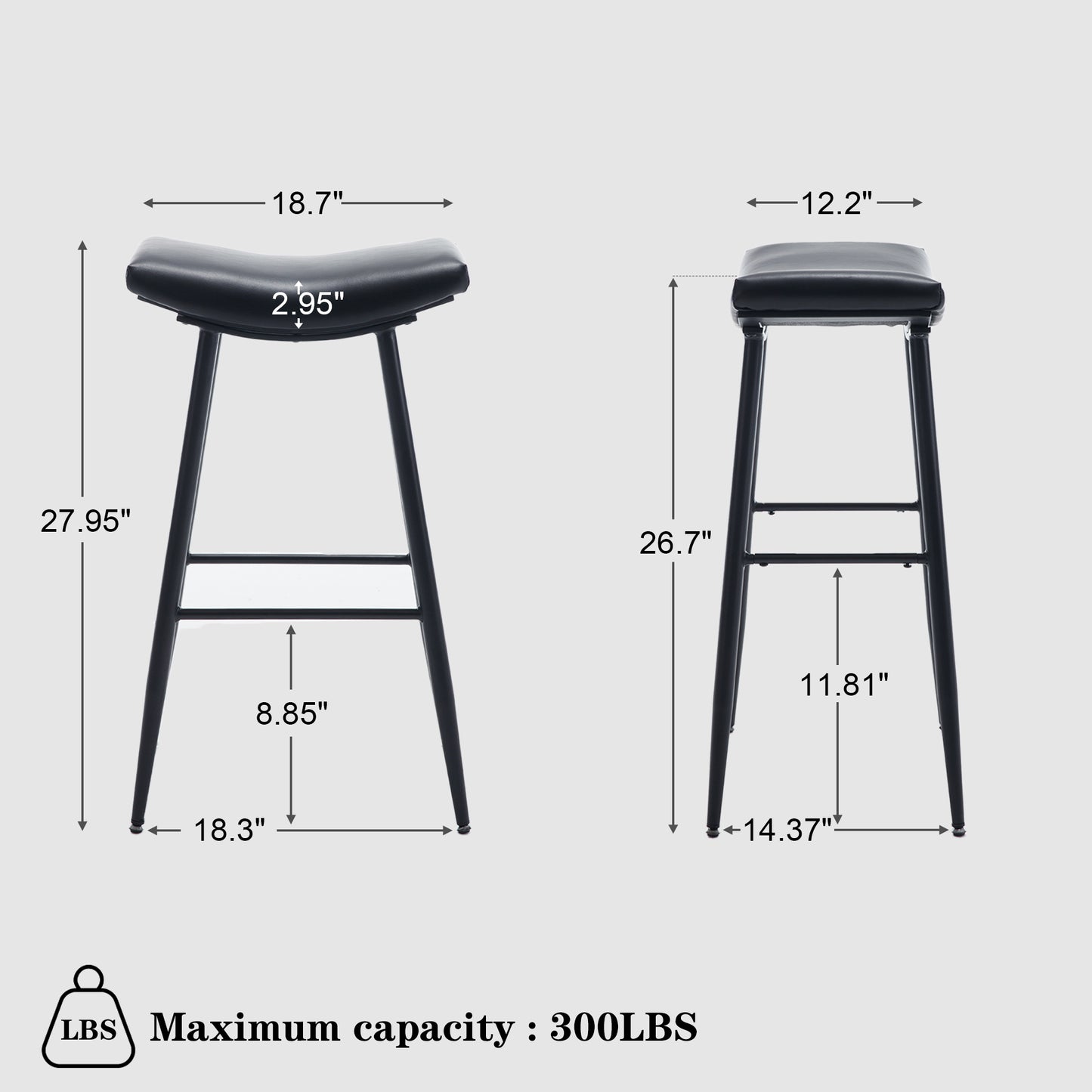 Harper - Set of 2 - 28” Black PolyUrethane Leather Armless Counter Stools with Metal Legs and Footrest - Modern Design for Kitchen or Dining