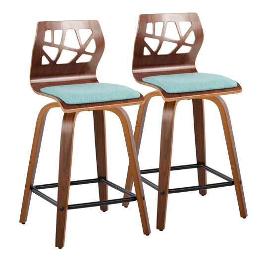 Fenwick - Set of 2 - 24'' Walnut Wood & Teal Fabric Counter Stools with Swivel and Black Metal Footrest