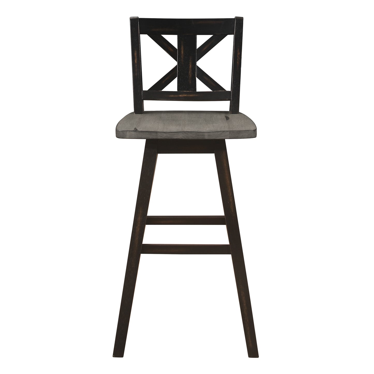 Hasting - Set of 2 - 29" Distressed Gray & Black 360° Swivel Pub Height Chairs - Solid Rubberwood X-Back Design, Bar Stool Chairs