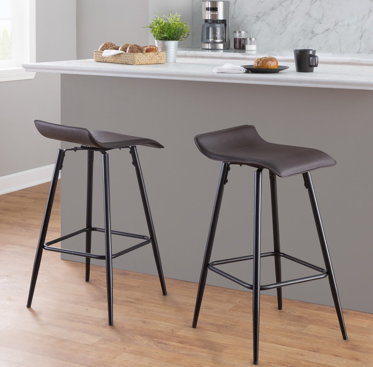 Aria - Set of 2 - 26" Height Swivel Counter Stools in Whitewashed Wood & Black Faux Leather with Round Metal Footrest