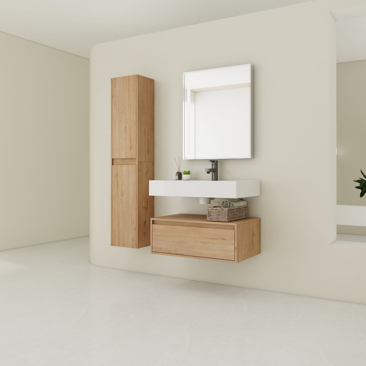 Modern Wall Mounted 30 Inch Bathroom Vanity With Resin Sink And 2 Side Cabinet - Imitative Oak