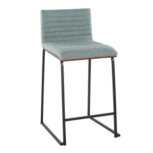 Marthoria - Set of 2 - 26" Green Upholstered Counter Stools with Walnut Wood Back and Black Metal Base