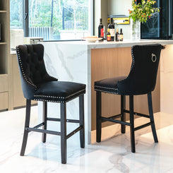 Hartsbridge - Set of 2 - 28" Black Velvet Upholstered Bar Stools with High Back, Button Tufted Decoration, Wooden Legs & Chrome Nailhead Trim