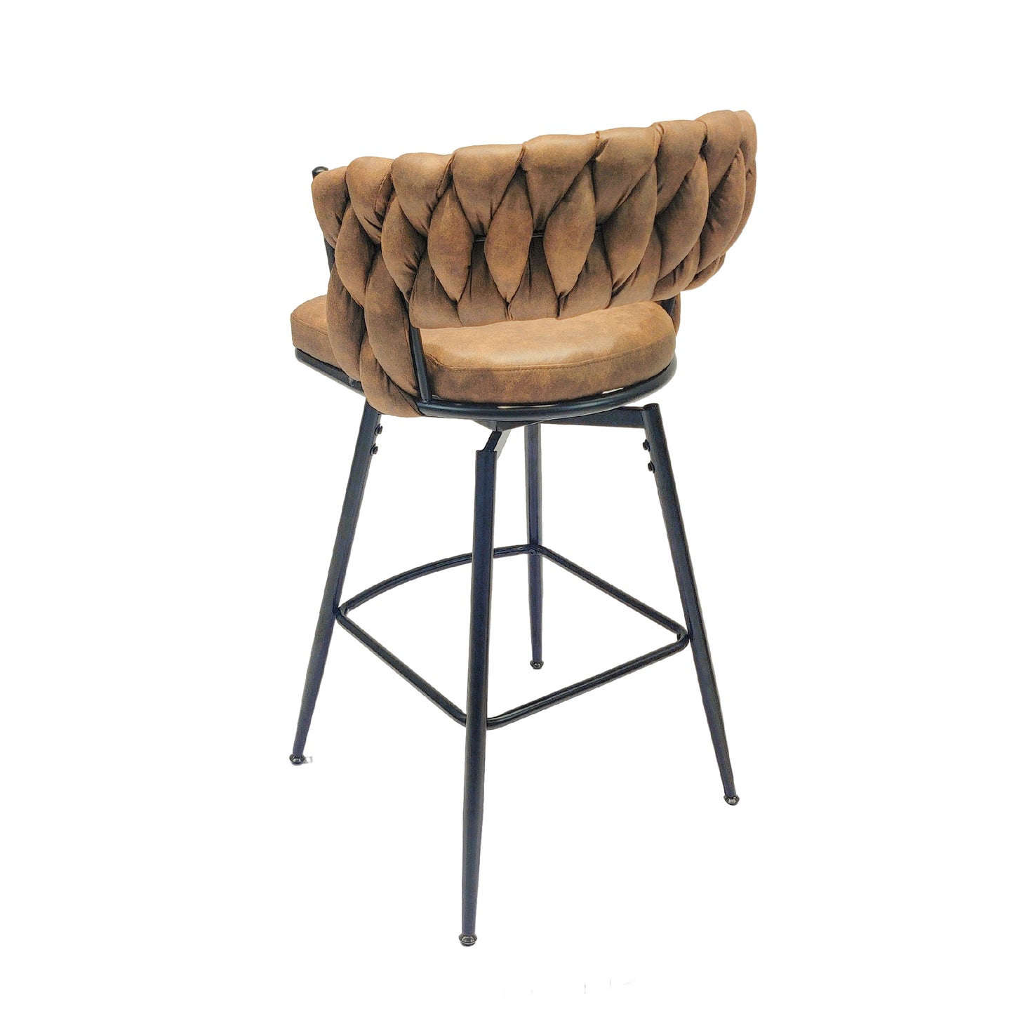 Millington- Set of 2 - 25" Woven Leather Counter Stools with 360° Swivel, Brown & Black Finish, Upholstered Technical Leather, Sturdy Metal Base