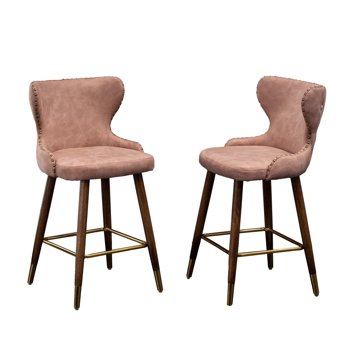 Nerissa - Set of 2 - 26" Pink Fauher Tufted Counter Stools x Leatwith Nailhead Trim