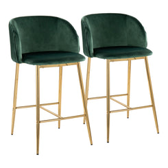 Fulton - Set of 2 - 24" Green Velvet Pleated Counter Stools with Gold Metal Base Modern Glam Design