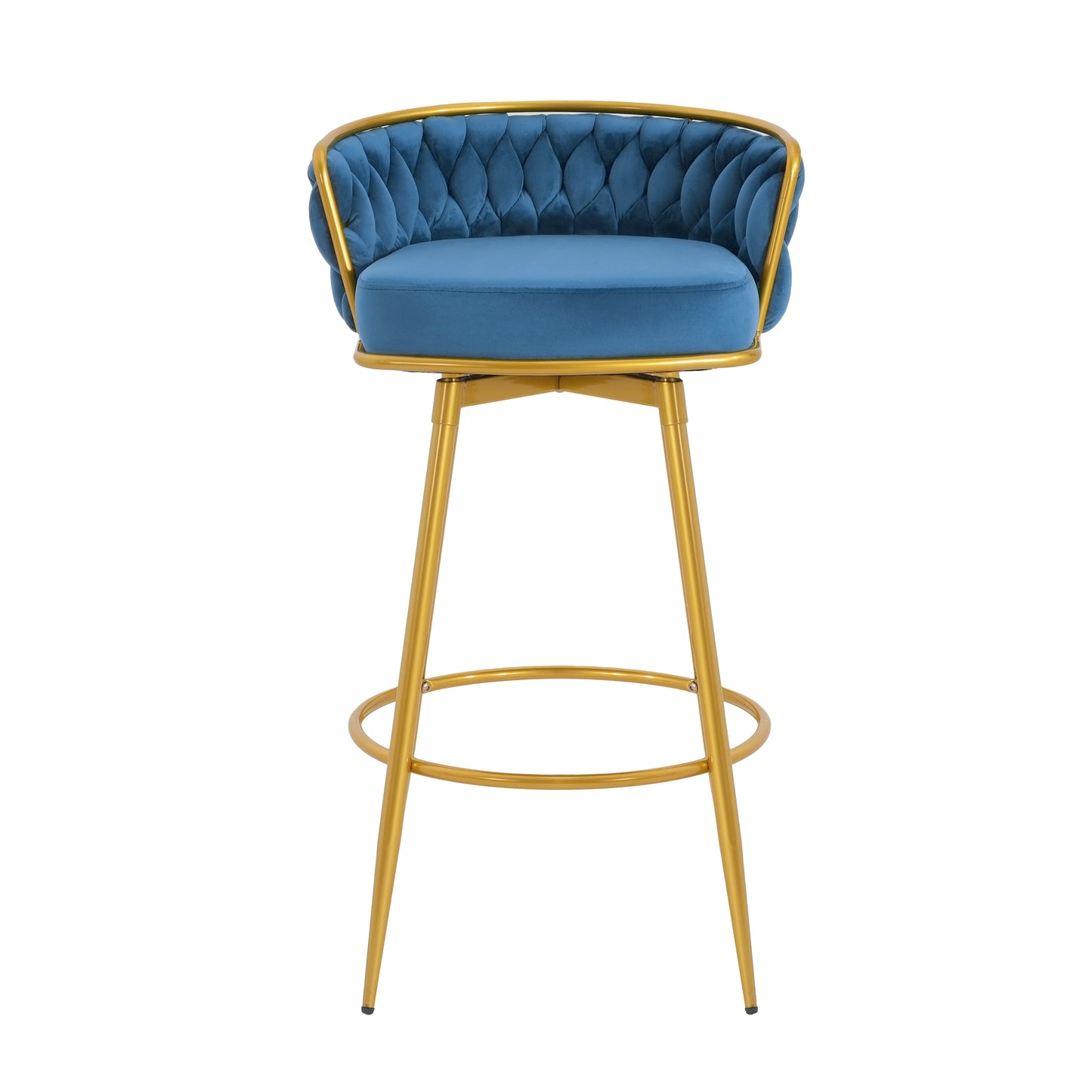 Lyma - Set of 2 - 30" Swivel Counter Height Bar Stools with Hand-Woven Backrest & Gold Metal Legs, Upholstered Velvet Kitchen Chairs in Blue