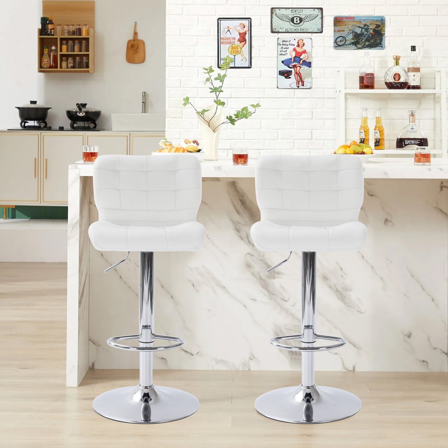 Lan - Set of 2 - 30" White Wingback Swivel Bar Stools, Adjustable Height, Chrome Base, Modern Design