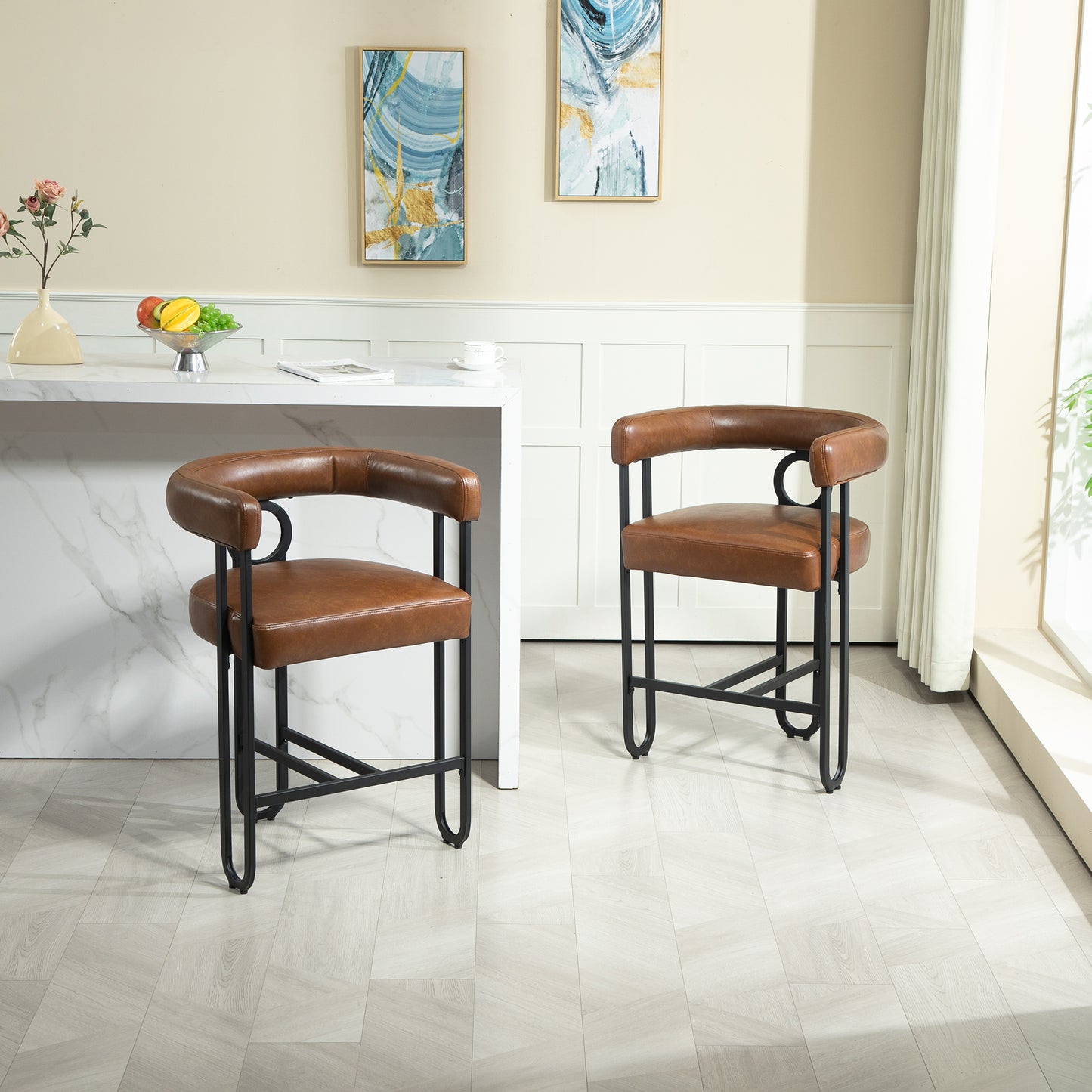 Harland - Set of 2 - 30" Light Brown Upholstered PU Bar Stools with Black Metal Frame and Modern Curved Backrest